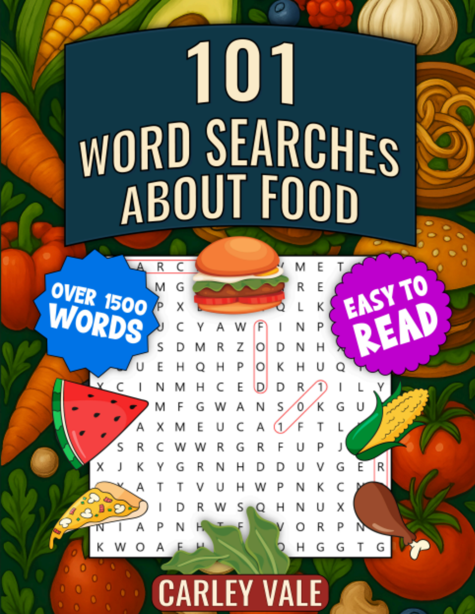 101 Word Search About food Book cover, also says over 1500 Words and Easy To Read